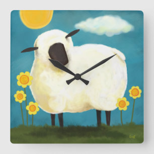 Flaumige weiße Schafe u. Blumen-Wand-Uhr Quadratische Wanduhr