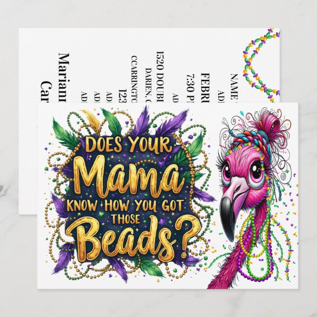 Flaunty Flamingo Mardi Gras Einladung (Vorne/Hinten)