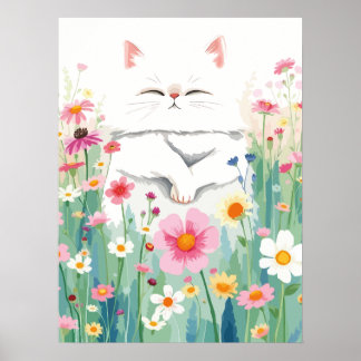 Flauschig weiße Katze auf der Wiese der Wildblume, Poster