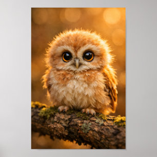 Flauschige Baby-Eule auf Ast Wald-Wildtiere-Nurser Poster