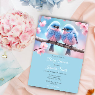 Flauschige Blaue Vögel und Kirschblüten-Baby-Party Einladung
