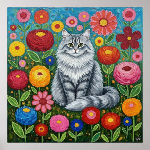 Flauschige graue gestreifte Katze mit volkstümlich Poster