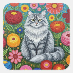 Flauschige graue gestreifte Katze mit volkstümlich Quadratischer Aufkleber