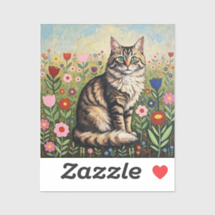 Flauschige Graue Tabby-Katze und Volkskunstblumen Aufkleber