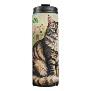 Flauschige Graue Tabby-Katze und Volkskunstblumen Thermosbecher