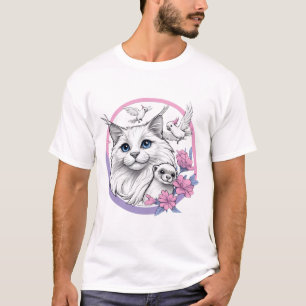 Flauschige Katze mit Frettchen und Kakadus T-Shirt