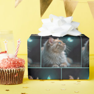 Flauschige Katze mit Neon-Schmetterling Geschenkpapier
