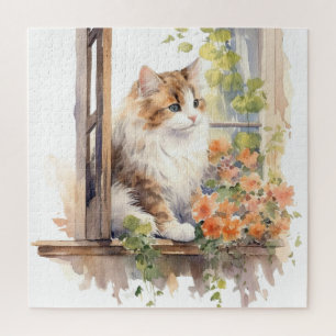 Flauschige Katzenfarmhaus-Fenster-Orangen-Blumenma Puzzle