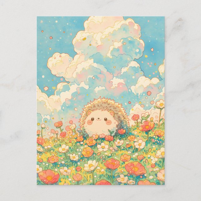 Flauschige Pfirsichwolke Kawaii Igelwiese Postkarte (Vorderseite)