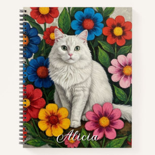 Flauschige weiße Katze und volkstümliche Blumen Notizbuch