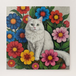 Flauschige weiße Katze und volkstümliche Blumen Puzzle