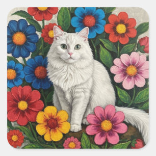 Flauschige weiße Katze und volkstümliche Blumen Quadratischer Aufkleber