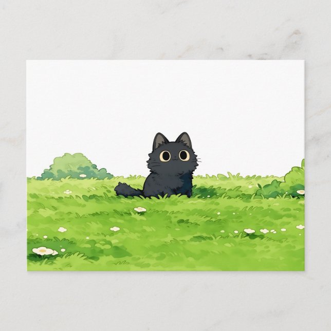 Flauschiger grüner Busch Kawaii schwarze Katze Postkarte (Vorderseite)