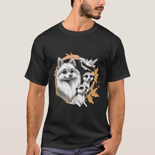 Flauschiger Hund mit Erdmännchen und Vögeln T-Shirt (Vorderseite)