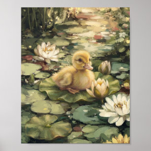 Flauschiges gelbes Entlein, das auf einem Seerosen Poster