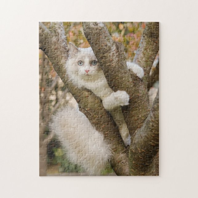 Flautige Katze mit blauen Augen in einem Baum Puzzle (Vertikal)