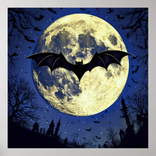 Fledermaus fliegt über mondbeschienenen Himmel Poster