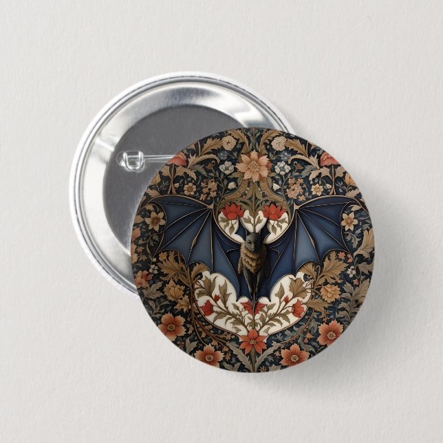Fledermaus im Flug - Moderne William Morris Blumen Button (Vorne & Hinten)