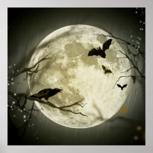 Fledermäuse fliegen Crow sitzt vor Halloween Vollm Poster