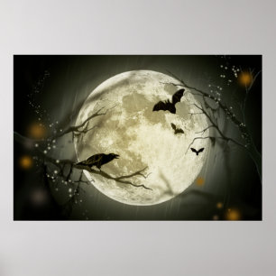 Fledermäuse fliegen Crow sitzt vor Halloween Vollm Poster