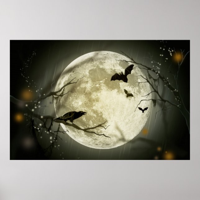 Fledermäuse fliegen Crow sitzt vor Halloween Vollm Poster (Vorne)