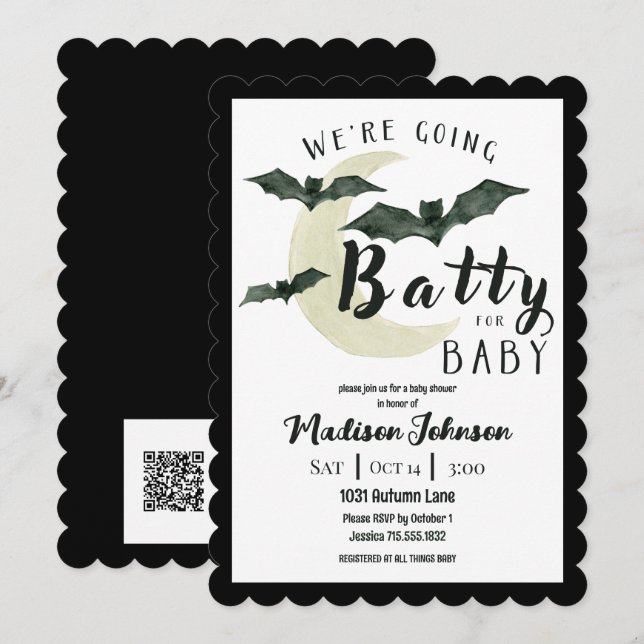 Fledermäuse fürs Baby October Baby Shower QR Code Einladung (Vorne/Hinten)