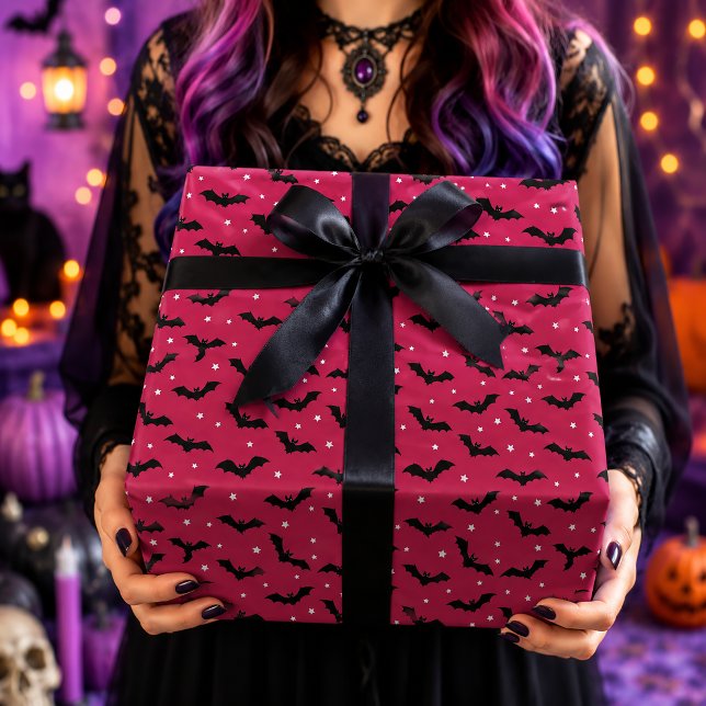 Fledermäuse Halloween-Muster in Rosa und Schwarz Geschenkpapier (Von Creator hochgeladen)