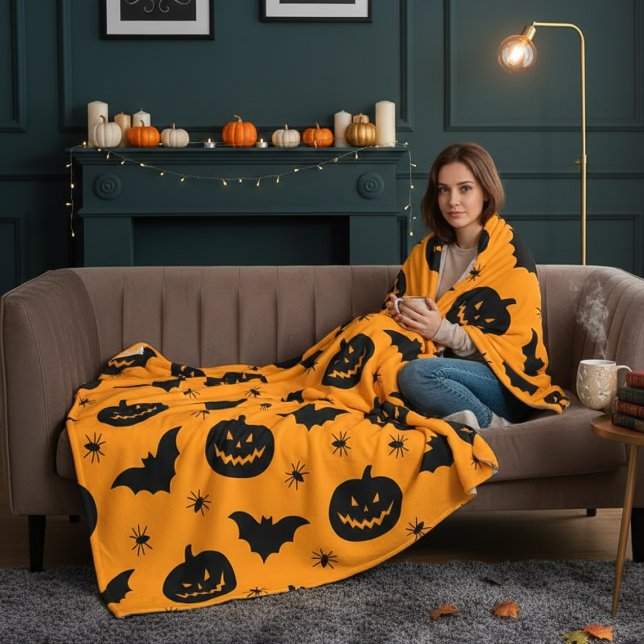 Fledermäuse, Kürbisköpfe und Spinnen Halloween Plü Fleecedecke (Bats, pumpkin heads and spiders Halloween Plush Fleece Blanket)