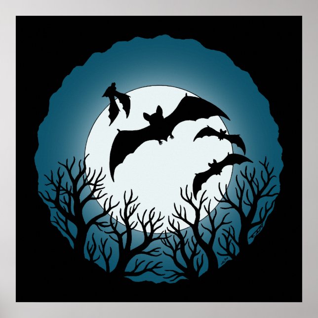Fledermäuse und Bäume gegen den Mond Poster (Vorne)