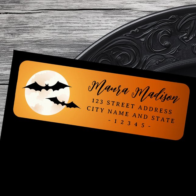Fledermäuse und Vollmond-Orangenhimmel-Rücksendead (Bats and full moon orange sky return address label)