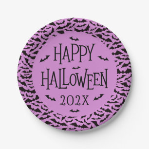 Fledermausmuster lila schwarz Frohes Halloween Jah Pappteller