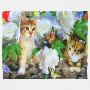 Fleece Blanket/Kätzchen, Schmetterlinge & Blume