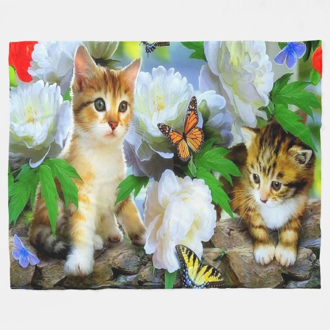Fleece Blanket/Kätzchen, Schmetterlinge & Blume (Vorderseite (Horizontal))
