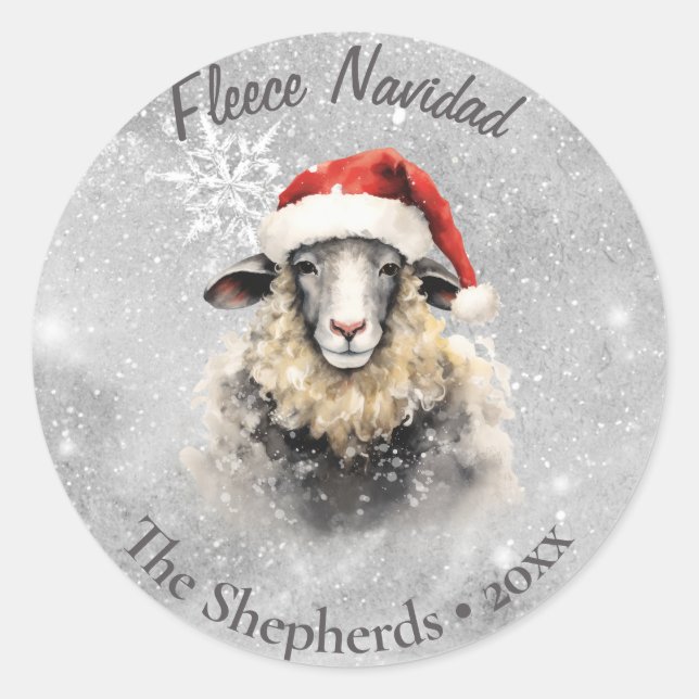 Fleece Navidad Sheep Snowy Weihnachten Runder Aufkleber (Vorderseite)