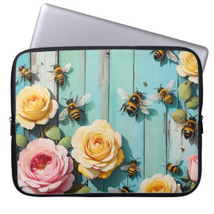 Fleißige Bienen mit rosa und gelben Rosen auf alte Laptopschutzhülle