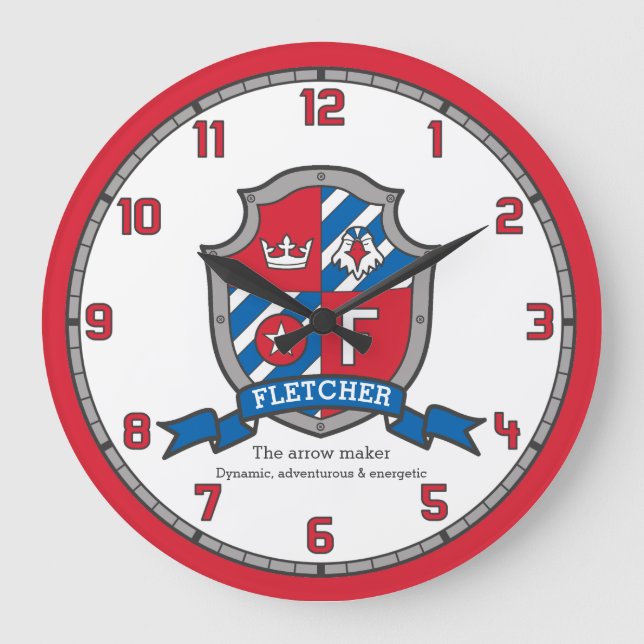 Fletcher-Jungs-Name bedeutet heraldry Ritter Schil Große Wanduhr (Vorderseite)