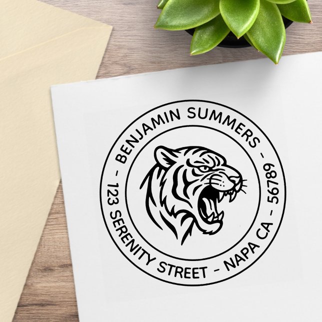 Fletschendes Tigerprofil Runde Adresse Gummistempel (Von Creator hochgeladen)
