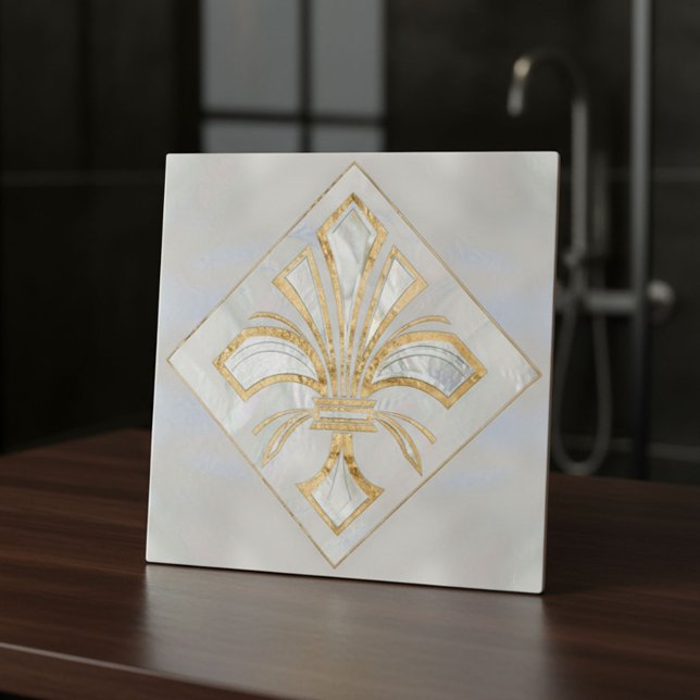 Fleur-de-lis Art Deco - Perle und Gold Fliese (Von Creator hochgeladen)