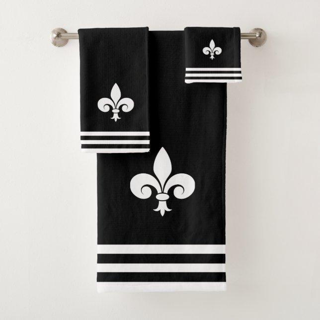 Fleur-de-Lis auf Schwarz und Weiß Badhandtuch Set (Insitu)