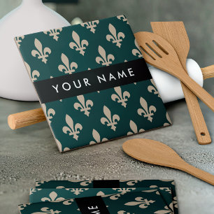 Fleur de Lis, Beige auf Grün, Königlich, Ihr Name Fliese