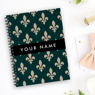 Fleur de Lis, Beige auf Grün, Königlich, Ihr Name Notizbuch