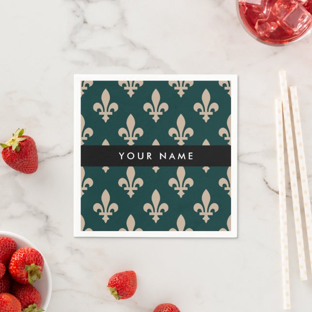 Fleur de Lis, Beige auf Grün, Königlich, Ihr Name Serviette (Beispiel)