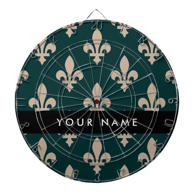 Fleur de Lis, Beige auf Grün, Royal, Ihr Name Dartscheibe (vorne)