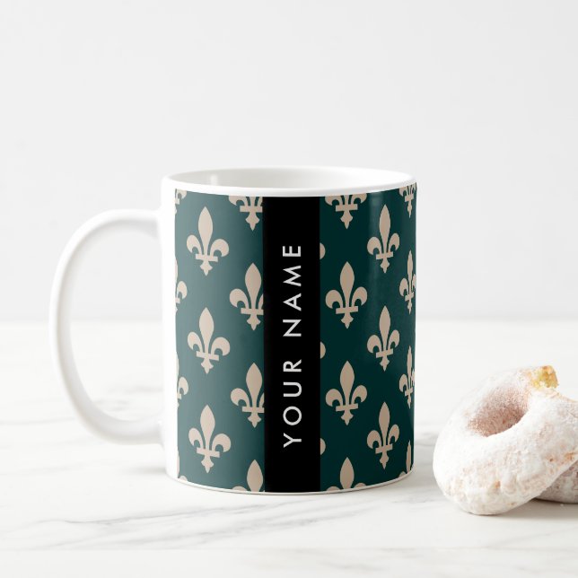 Fleur de Lis, Beige auf Grün, Royal, Ihr Name Kaffeetasse (Mit Donut)