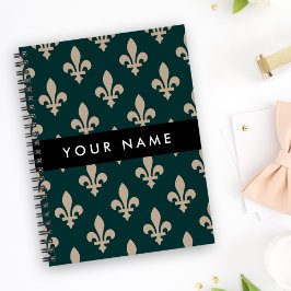 Fleur de Lis, Beige auf Grün, Royal, Ihr Name Notizblock
