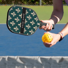 Fleur de Lis, Beige auf Grün, Royal, Ihr Name Pickleball Schläger