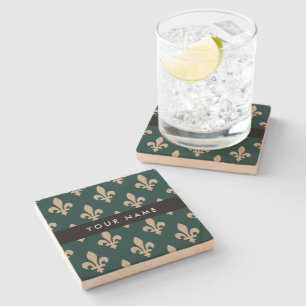 Fleur de Lis, Beige auf Grün, Royal, Ihr Name Steinuntersetzer