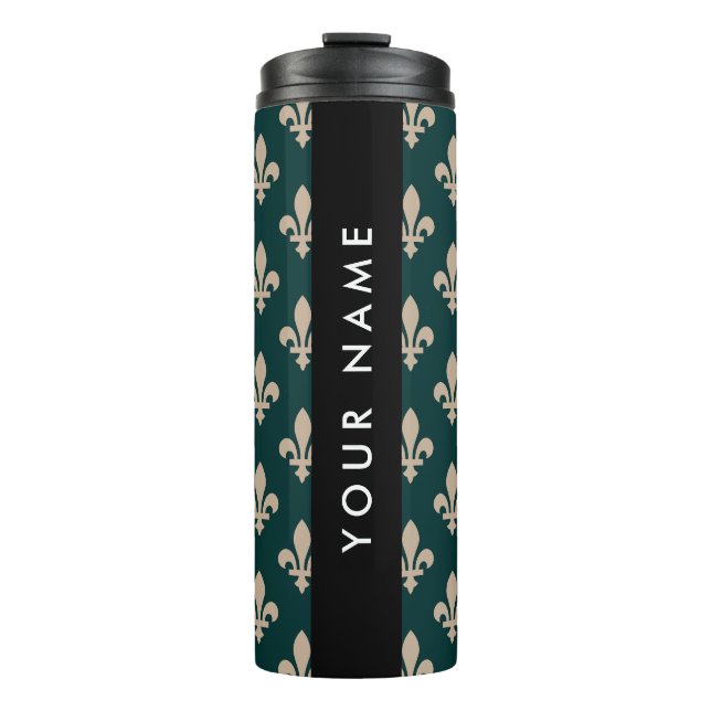 Fleur de Lis, Beige auf Grün, Royal, Ihr Name Thermosbecher (Vorderseite)