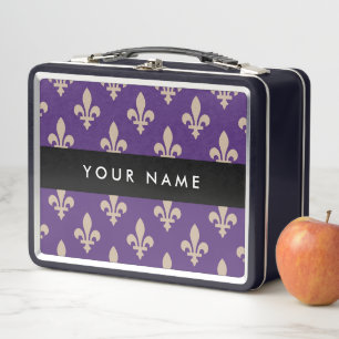 Fleur de Lis, Beige auf Lila, Königlich, Ihr Name Metall Brotdose