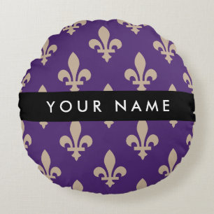 Fleur de Lis, Beige auf Lila, Königlich, Ihr Name Rundes Kissen